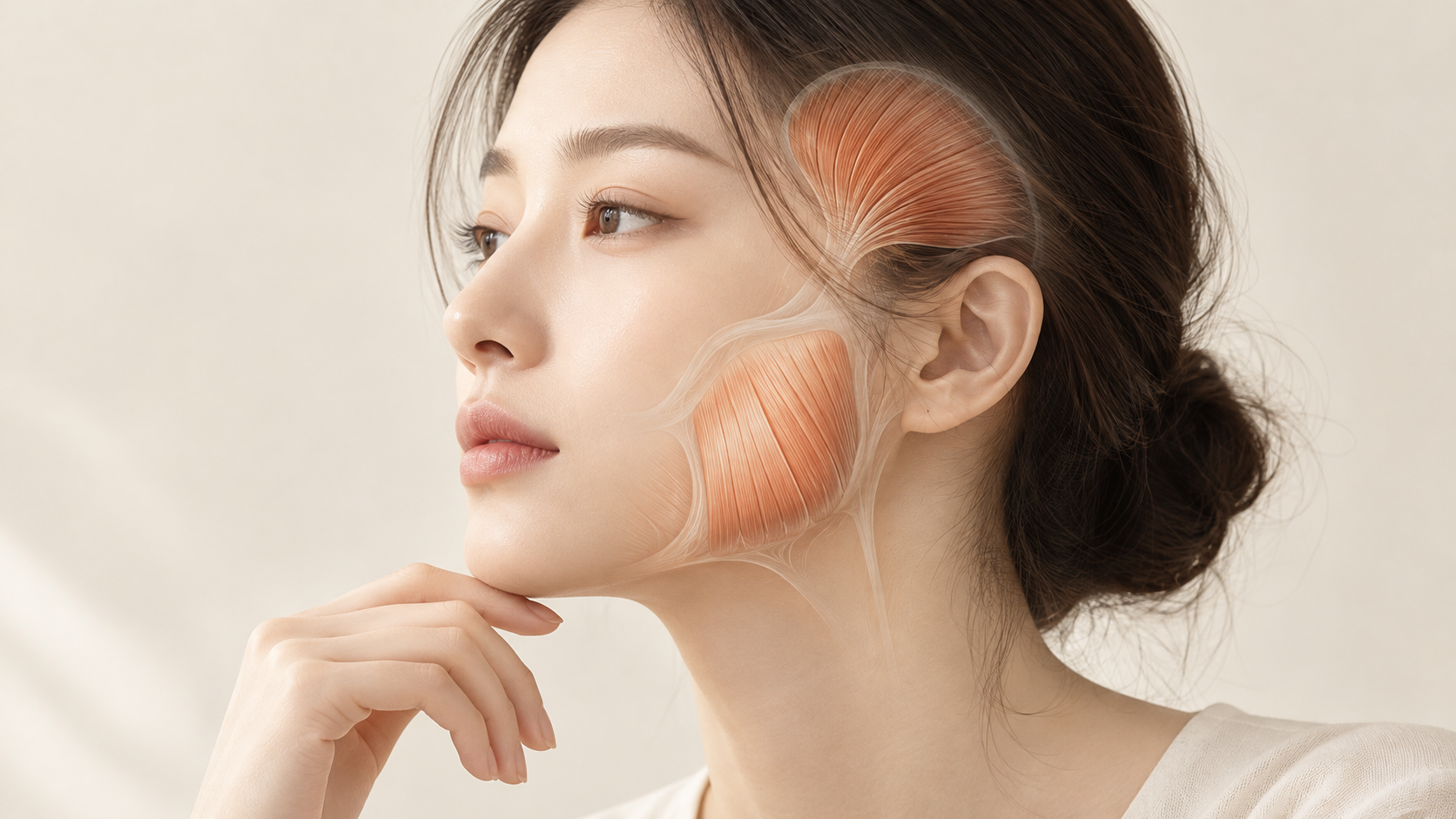 얼굴 측면에서 깨물근과 관자근의 위치를 표시한 저작근 설명 일러스트